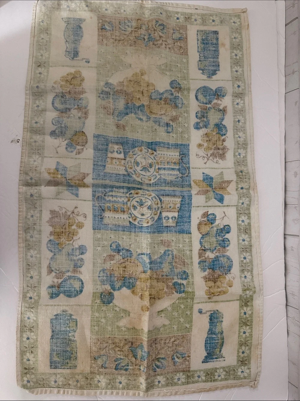 Vintage MCM Persian Prints Linen Floral Tea Towel - Blue, Green & Gold Print